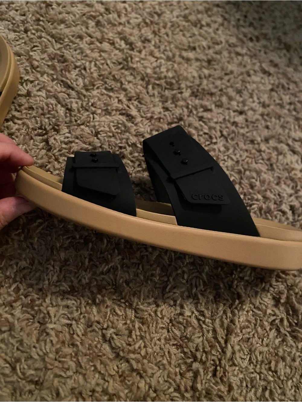 CROCS Two-Strap Slide Sandals in Black and Tan